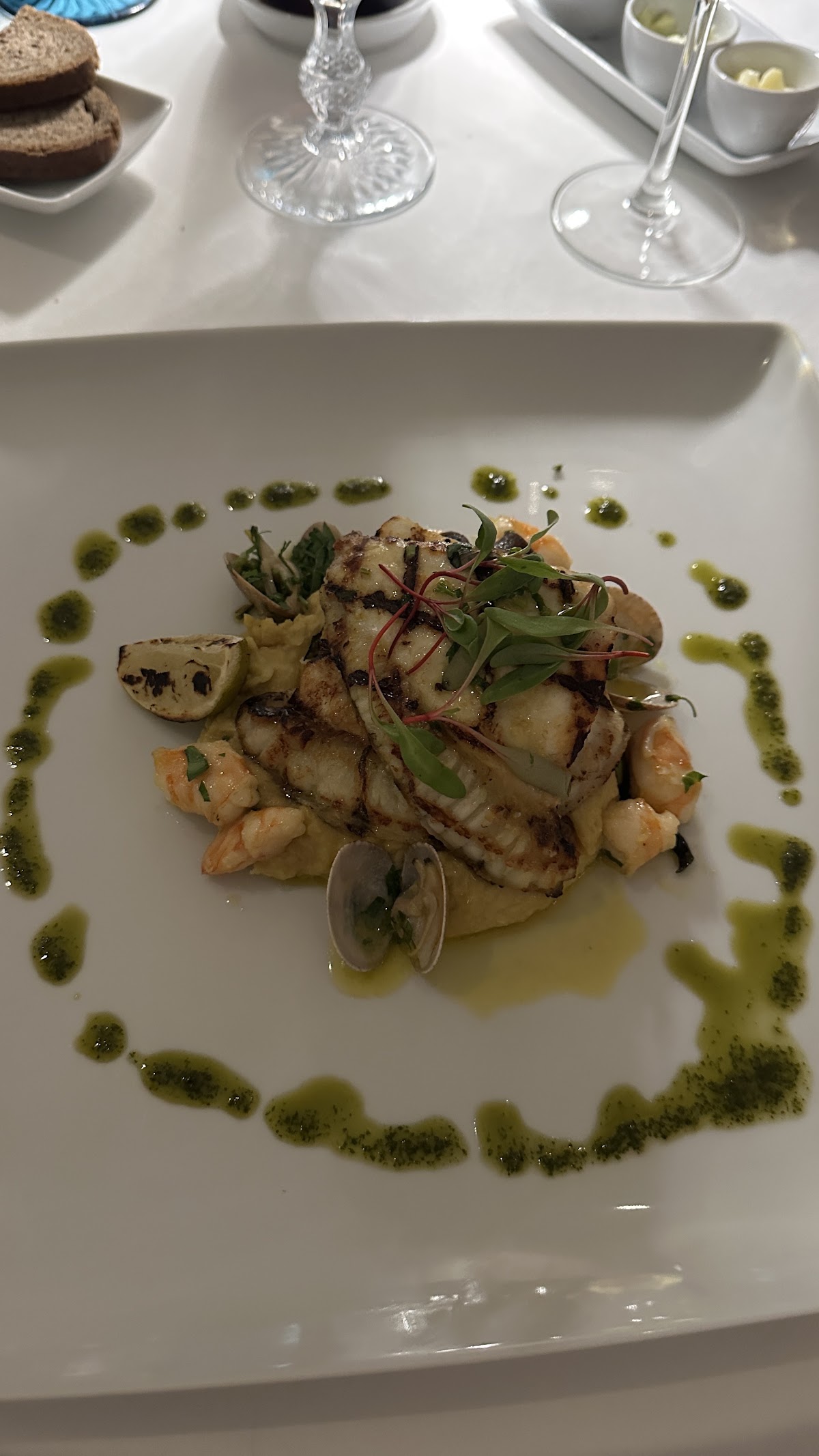 Grilled seafood on polenta