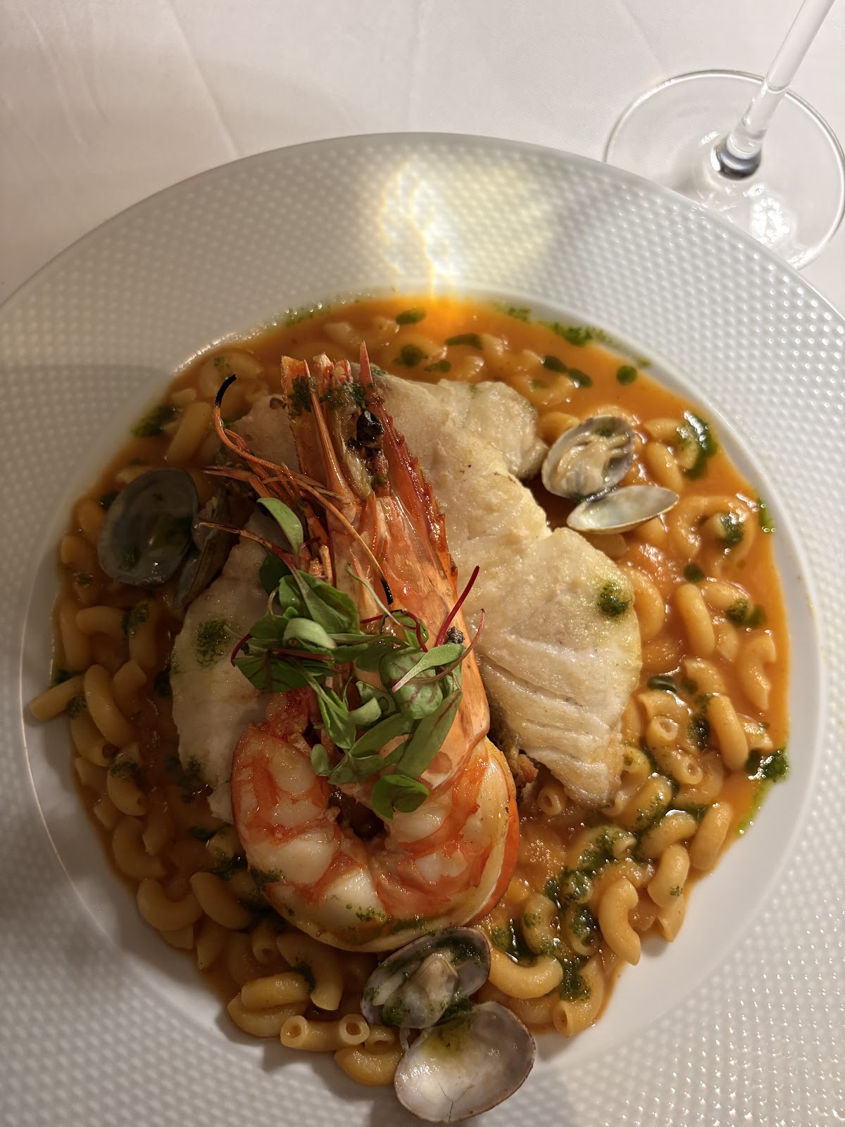 Seared fish and prawn pasta